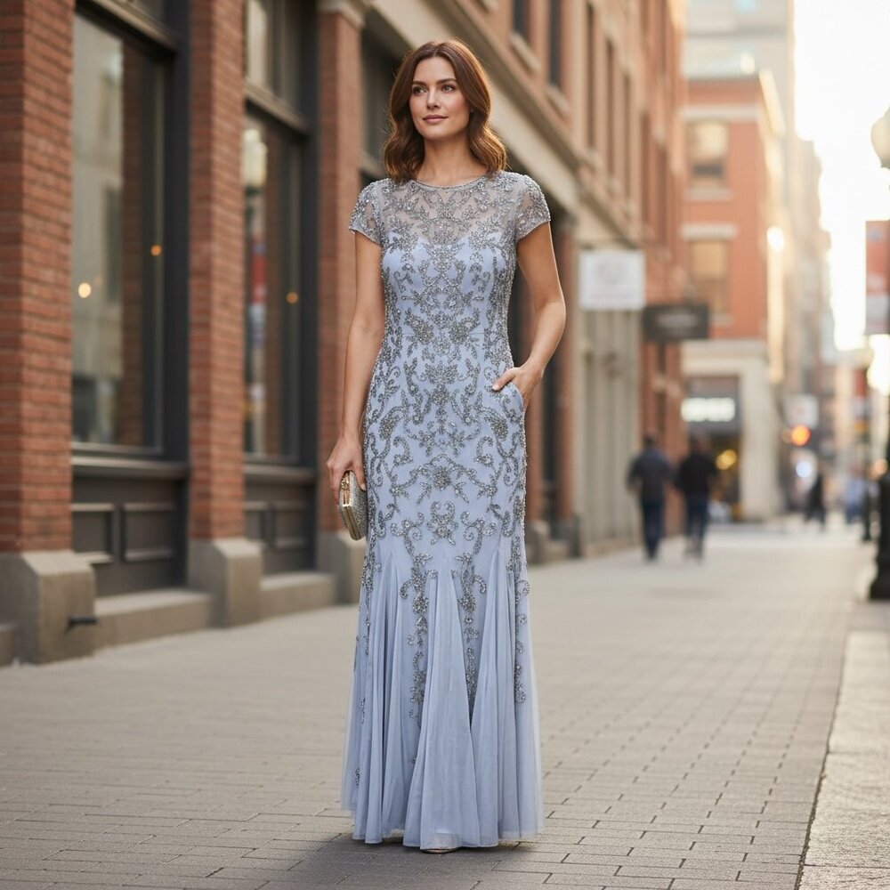 Adrianna Papell Beaded Godet‎ Trumpet Gown Sz 4 Silver Gray #294H
